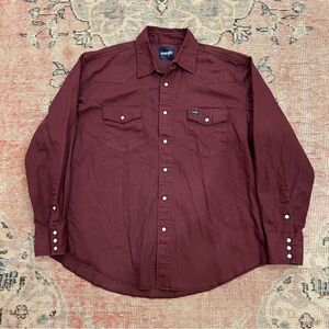 Vintage Wrangler Brushpoper Pearl Snap Western Shirt Maroon Mens XL Thick Cotton